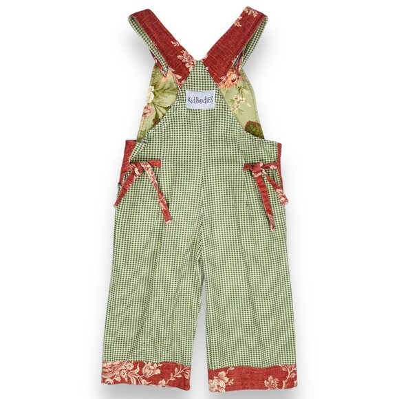 Vintage Boho Neutral Gingham Green Floral Cropped Overalls Romper Small / 5 - 6 - Picture 8 of 14
